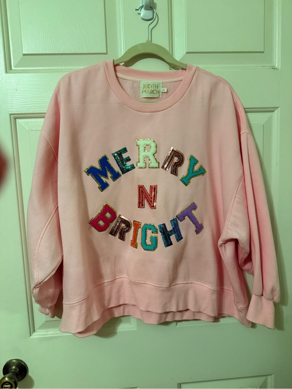 Judith March Pastel Pink Sequin "Merry N Bright" Crew Sweatshirt